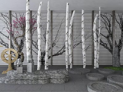 Garden Ornament Featuring White Tree Trunks Stone Benches Flowering Tree Lattice And Circular Stone Path 3d model