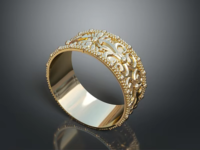 Ornate Gold Bracelet With Intricate Floral Carvings And Sparkling Diamond Accents 3d model