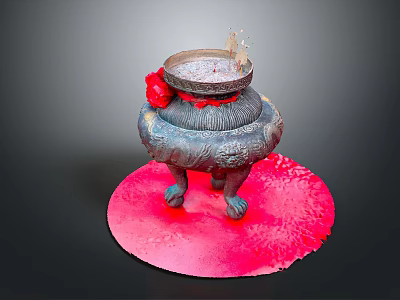 Traditional Incense Burner With Three Legs On Red Base And Red Decorative Flower 3d model