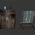 Rustic Wooden Barrel And Striped Deck Chair With Drink Bottles Setup