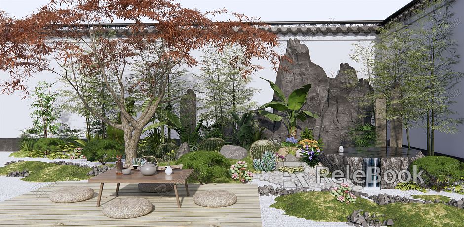 New Chinese style landscape sketch courtyard landscape rockery waterscape plant shrub tea table and chair bamboo fence withered stone Zen courtyard model