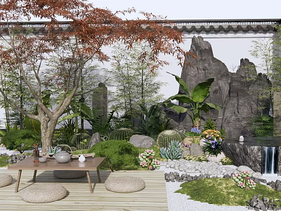 Courtyard Garden Landscape with Red Maple Tree Bamboo Rockery Waterfall Stone Stools and Wooden Table 3d model