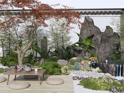 New Chinese style landscape sketch courtyard landscape rockery waterscape plant shrub tea table and chair bamboo fence withered stone Zen courtyard model