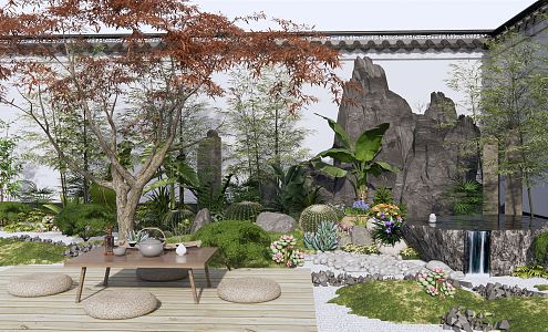 New Chinese style landscape sketch courtyard landscape rockery waterscape plant shrub tea table and chair bamboo fence withered stone Zen courtyard 3d model