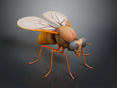 Realistic 3D Fly Model with Orange Body Transparent Wings and Large Eyes 3d model