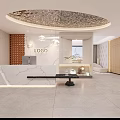 Modern Reception Area Interior Design With Marble Countertop Hanging Lights And Wooden Accents