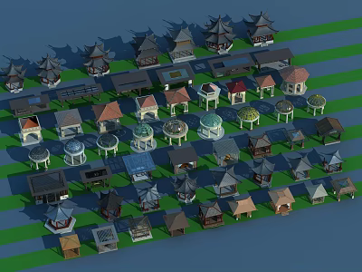 Multiple Miniature House Models In Various Styles Arranged On Blue Background With Different Roof Designs 3d model