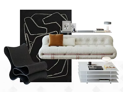 Modern Sofa Coffee Table Set With Brown White Pillows And Abstract Art 3d model
