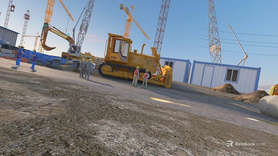 Construction Site With Yellow Bulldozer Cranes Workers Blue Container Buildings And Gravel Ground 3d model 