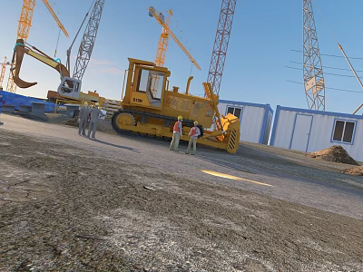 Construction Site With Yellow Bulldozer Cranes Workers Blue Container Buildings And Gravel Ground 3d model