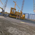 Construction Site With Yellow Bulldozer Cranes Workers Blue Container Buildings And Gravel Ground