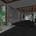 Traditional Tea House Interior With Wooden Ceiling Screen Panels And Green Plants