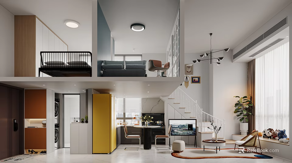 Modern Loft Apartment Interior With Staircase And Open Living Area 3d model 
