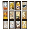 Decorative Paintings With Golden Frames On Wall Featuring Natural Themes Trees And Deer
