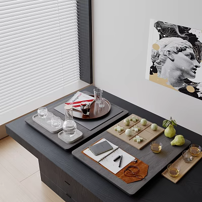 Decorative Ornament Set On Black Table With Trays Glass Cups Books Pear And Artwork 3d model