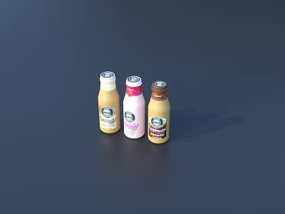 Three Different Colored Drinks Yellow Pink Brown Beverage Bottles With Labels On Dark Background 3d model