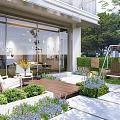 Modern Courtyard Villa Courtyard Community Model Courtyard Swing Wooden Platform Flowers and Flowers Combination Seat Combination Rest Lamps 3d model