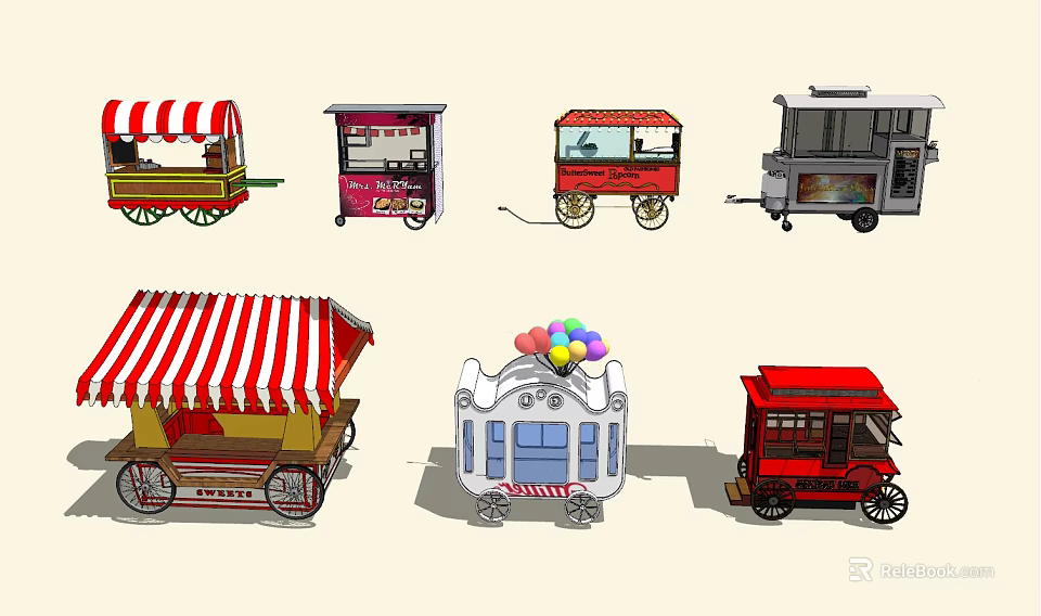 Various Mobile Food Carts With Striped Awnings Ice Cream Drinks And Balloon Decorations 3d model 