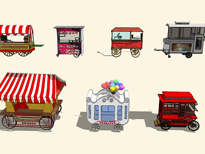 Various Mobile Food Carts With Striped Awnings Ice Cream Drinks And Balloon Decorations 3d model