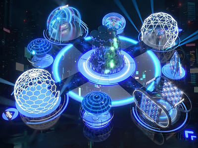 Vibrant Futuristic Photo Spot With Illuminated Spherical Structures And Blue Circular Platform 3d model
