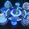 Vibrant Futuristic Photo Spot With Illuminated Spherical Structures And Blue Circular Platform
