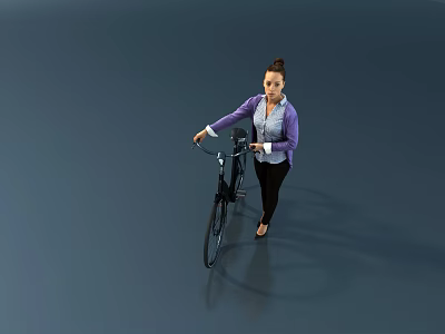 Woman Pushing Black Bicycle In Purple Coat White Shirt And Black Pants On Gray Floor 3d model