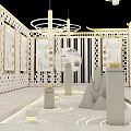 Modern Showroom Interior Design With Gold Frame Partitions Plant Decorations And Lighting Elements