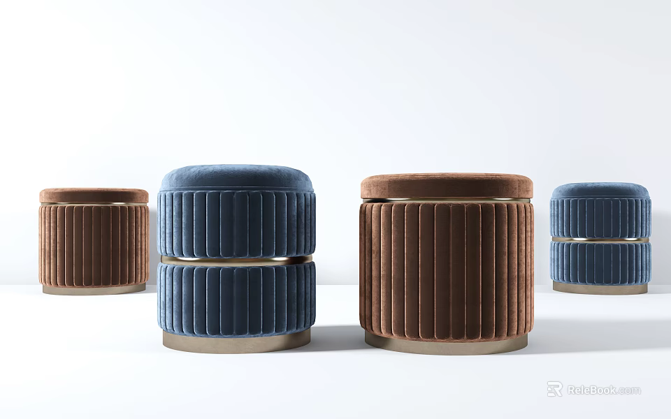 Modern Velvet Ottoman Stools in Blue and Brown with Gold Base Design 3d model 