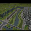 Scenic Commercial Street With Riverside Greenery And Surrounding Modern Buildings