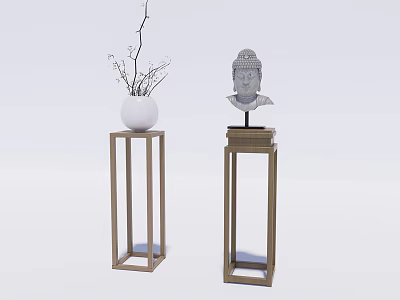 Modern Decorative Wooden Flower Stands with White Vase Dry Branches and Buddha Head Sculpture 3d model