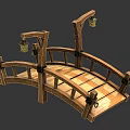 Traditional Wooden Bridge Structure With Curved Railings And Hanging Lanterns
