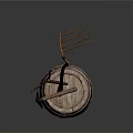 Vintage Industrial Equipment In Wooden Barrel Including Fork Sickle And Tools