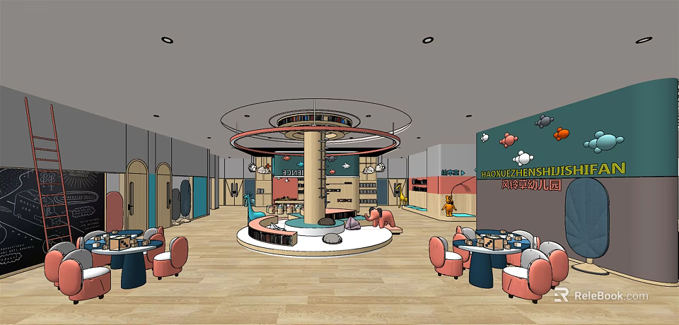 Kindergarten Interior Design With Circular Central Area Colorful Decorations Play Zones And Comfortable Seating 3d model 
