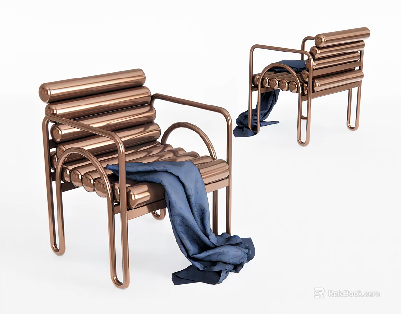Copper Metal Leisure Chairs With Blue Fabric Draped Over Curved Armrests And Slatted Backrests 3d model 
