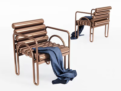 Copper Metal Leisure Chairs With Blue Fabric Draped Over Curved Armrests And Slatted Backrests 3d model