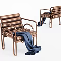 Copper Metal Leisure Chairs With Blue Fabric Draped Over Curved Armrests And Slatted Backrests