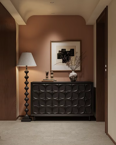 Modern Entryway Console Table With Decorative Vase Table Lamp And Wall Art 3d model