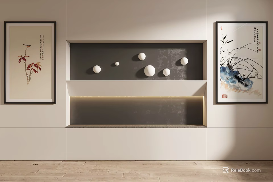 Modern Interior With White Cabinets Gray Shelf White Ornaments And Traditional Paintings 3d model 
