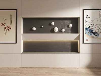 Modern Interior With White Cabinets Gray Shelf White Ornaments And Traditional Paintings 3d model