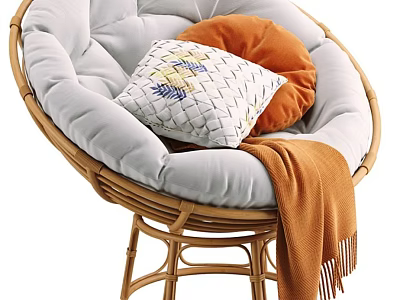 Rattan Frame Leisure Chair With Gray Cushion Orange Pillow And Throw Blanket 3d model
