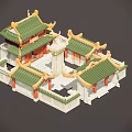 Traditional Chinese Ancient Architecture with Green Tiled Roofs Ornate Eaves and Courtyard Design