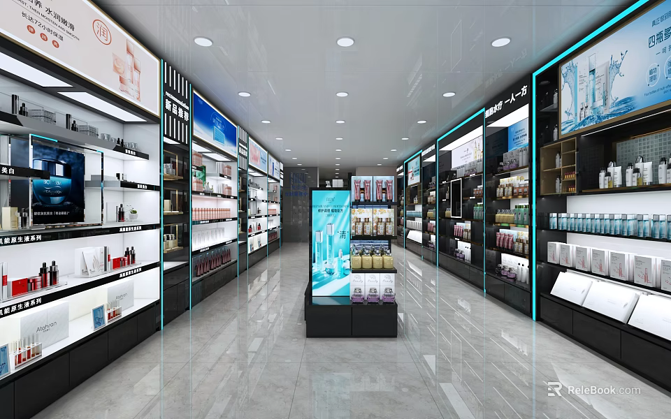 Modern Mall Store Interior With Display Shelves Products Aisle And Bright Lighting 3d model 