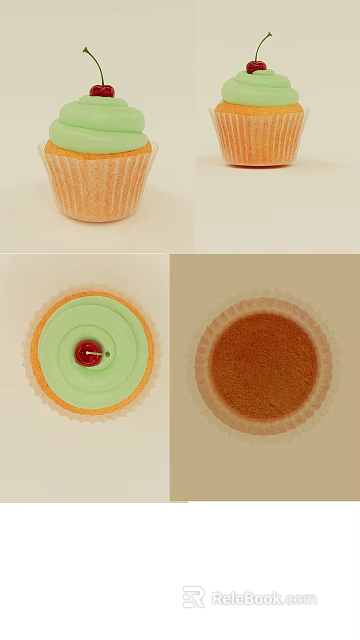 Cupcake with orange paper liner green frosting and red cherry on top 3d model 
