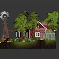 Red House With Red Roof White Windows Green Trees Windmill Tractor And Pumpkins