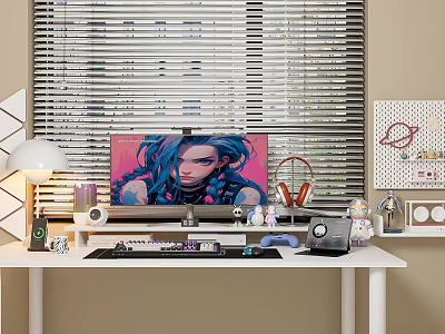 Modern Computer Workspace With Monitor Headphones Small Figurines Desk Lamp And Blinds Background 3d model