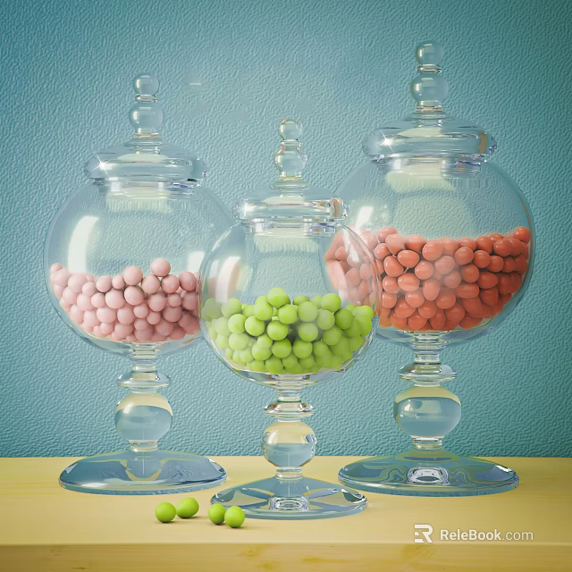 Colorful Round Candies in Glass Jars on Yellow Table with Blue Wall 3d model 