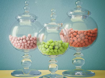 Colorful Round Candies in Glass Jars on Yellow Table with Blue Wall 3d model