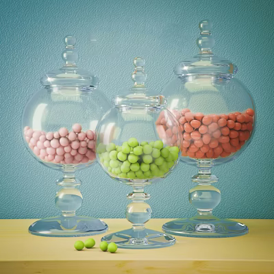 Colorful Round Candies in Glass Jars on Yellow Table with Blue Wall 3d model