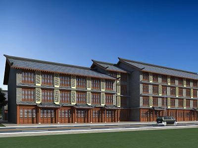 Traditional Chinese Commercial Street With Multi story Storefronts Wooden Doors Windows Tile Roofs Under Blue Sky 3d model