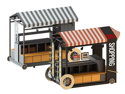 Functional Mobile Shopping Carts With Striped Awnings And Wheels For Kiosks 3d model